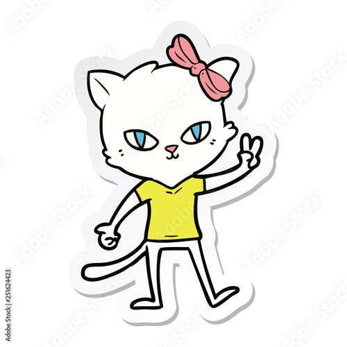 sticker of a cute cartoon cat girl giving peace sign