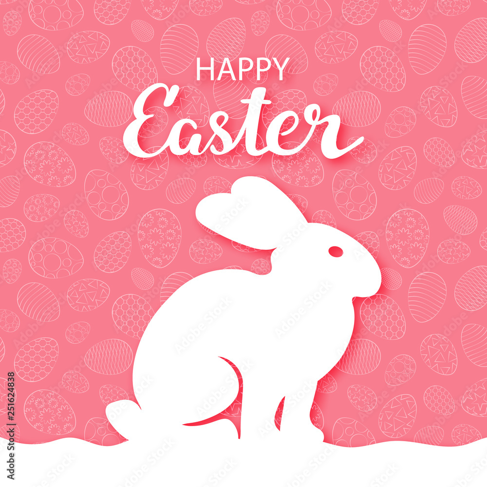 Easter simple postcard. Outlines of a hare in profile on a red background with a pattern of eggs. With congratulatory inscription. For your design. Easter simple postcard. Outlines of a hare in profile on a red background with a pattern of eggs. With congratulatory inscription. For your design.
