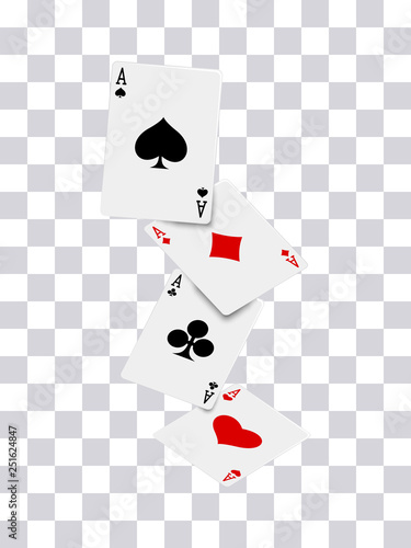 Four aces poker cards falling isolated on transparent background vector illustration