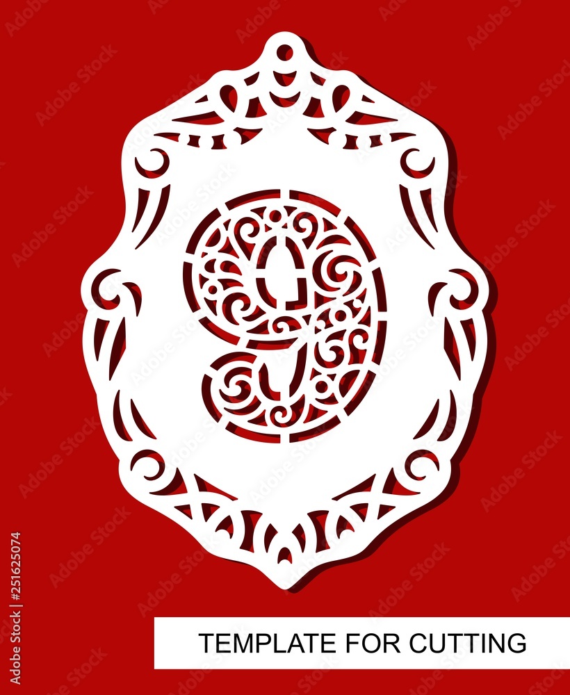 Celebration bunting party flag with number nine - 9. Festive decoration with openwork carved pattern for anniversary and birthday. Template for laser cutting, wood carving, paper cut or printing. Celebration bunting party flag with number nine - 9. Festive decoration with openwork carved pattern for anniversary and birthday. Template for laser cutting, wood carving, paper cut or printing.