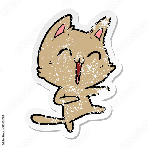 distressed sticker of a happy cartoon cat meowing