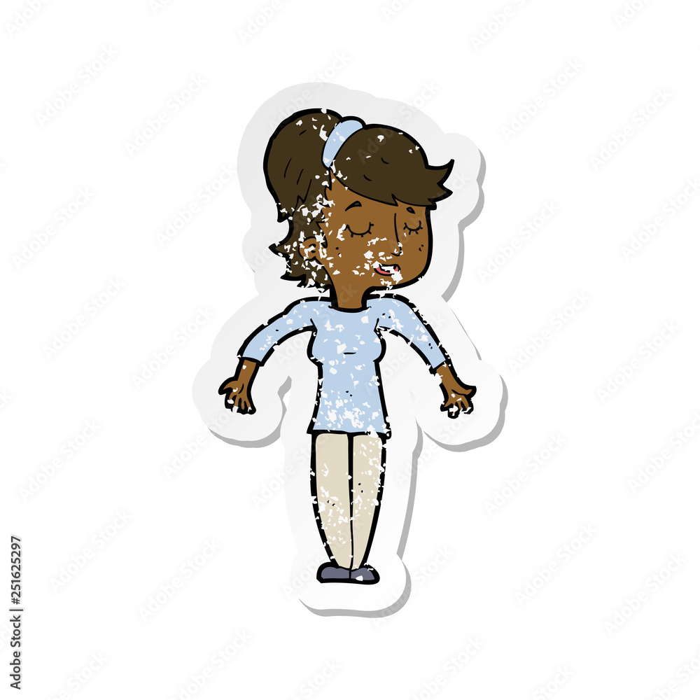 retro distressed sticker of a cartoon friendly woman shrugging shoulders retro distressed sticker of a cartoon friendly woman shrugging shoulders