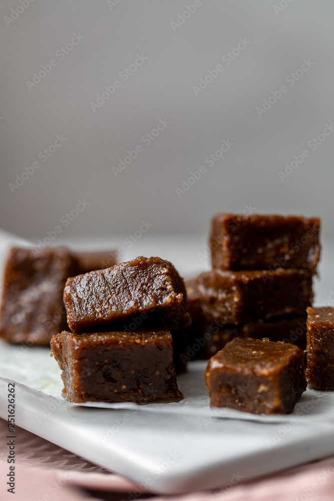 Portion of Caramel. Vegan toffee with figs Portion of Caramel. Vegan toffee with figs