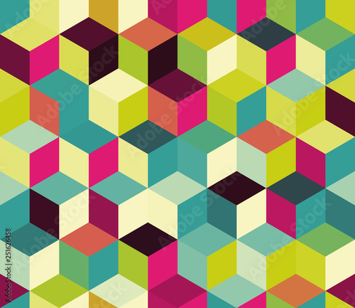 Seamless geometric pattern of colored triangles.