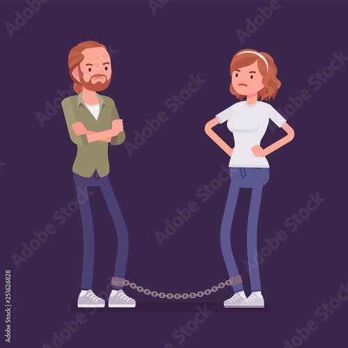 Chained in marriage husband and wife. Unhappy man and woman confined with strong dependence chain, controlled family slave, tying up or restraining life partner, heavy unity load. Vector illustration