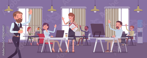 Solid and high performing team in the office. Group of people working together effectively for a common business goal, achieve good results, happy employees greet positive manager. Vector illustration