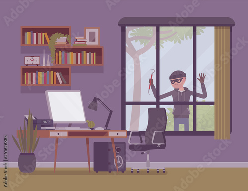 Thief planning the house robbery. Male masked criminal looks trough big window to steal property, burglar watching before break in an unprotected apartment, not guarded empty room. Vector illustration