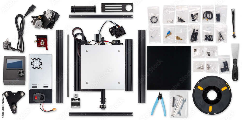 3D printer printing self building DIY kit all parts isolated on white  background Stock Photo | Adobe Stock