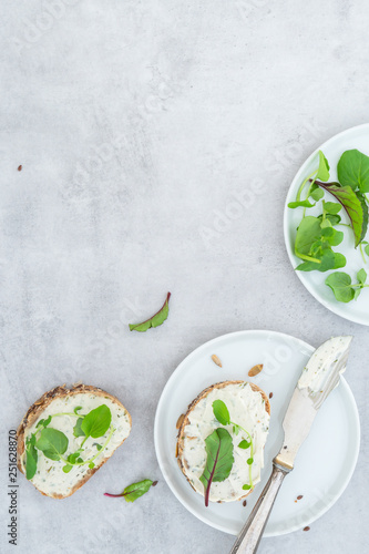 Obraz na płótnie Frisches Brot, mit veganem Frischkäse und Salat auf einem hellen Betonhintergrund w salonie