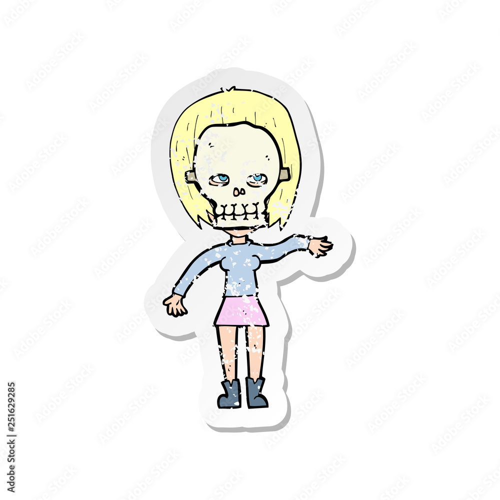 retro distressed sticker of a girl wearing skull mask retro distressed sticker of a girl wearing skull mask