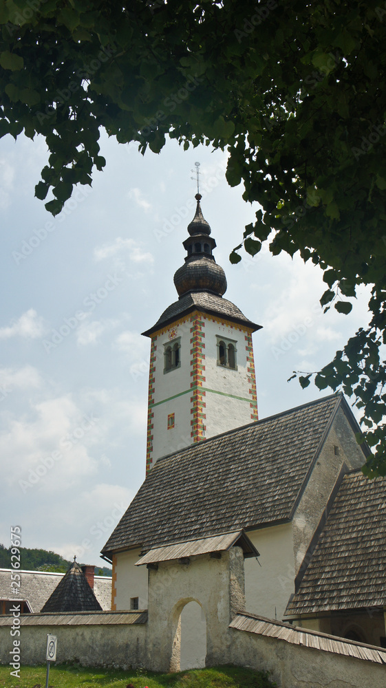 View of the tower of Church of St. John the Baptist, Bohinj, Slovenia