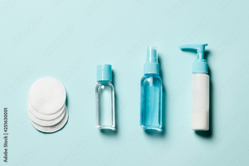Set of cosmetics on a blue background. Flat lay. Set of cosmetics on a blue background. Flat lay.