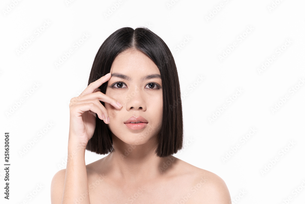 The concept of healthy beautiful woman. Beautiful women take care of skin health. Beautiful girl on white background.