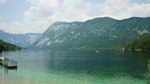 Picturesque view of the lake Bohinj and Julian Alps mounntains  Slovenia