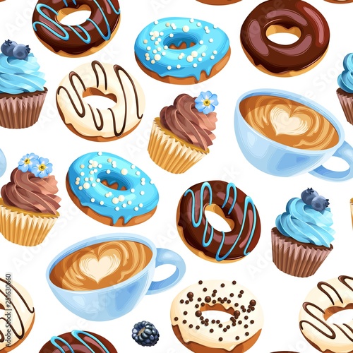Vector seamless pattern with coffee and donuts