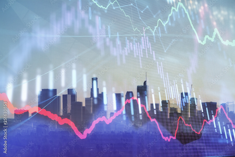 Trading graph on the cityscape at background. Business and financial concept. Double exposure. Los Angeles Trading graph on the cityscape at background. Business and financial concept. Double exposure. Los Angeles