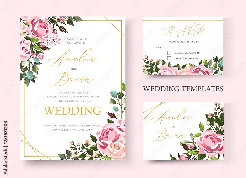 Wedding floral golden invitation card save the date design with pink flowers roses