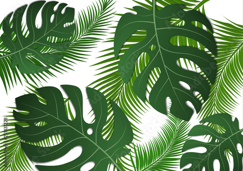 Tropical bright flyer, leaflet with monster leaves and palm trees. Exotic tropical trendy print. Invitation to a party in an exotic style. Vector illustration.