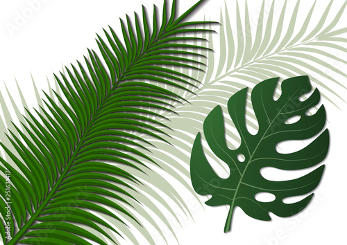 Tropical bright flyer, leaflet with monster leaves and palm trees. Exotic tropical trendy print. Invitation to a party in an exotic style. Vector illustration.
