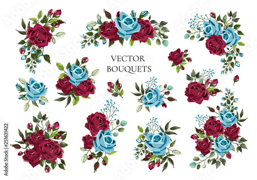Set of bouquets bordo and navy blue flower roses with green leaves