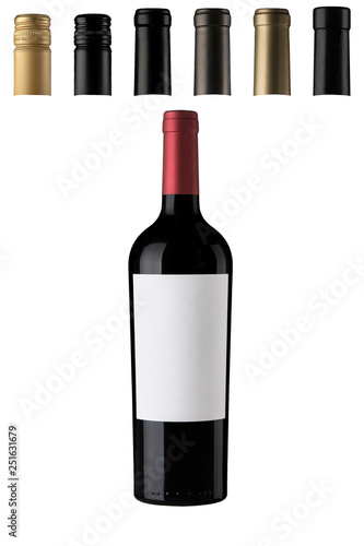 bottle of red wine with label and caps