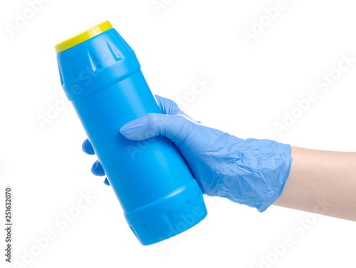 Blue bottle detergent powder in cleaning glove hand on white background isolation