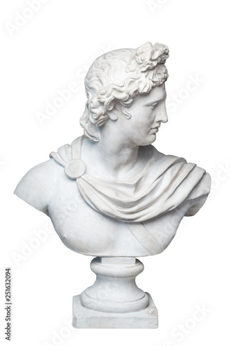 God Apollo bust sculpture. Ancient Greek god of Sun and Poetry Plaster copy of a marble statue isolated on white.