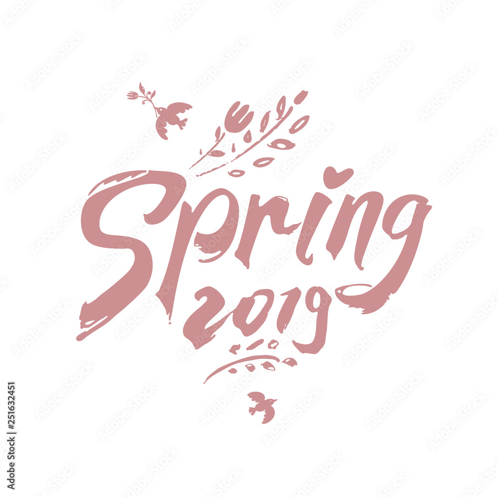 Modern inscription Hello Spring 2019 and painted branches and bird. Vector watercolor hand drawn illustration inscription Spring pattern.