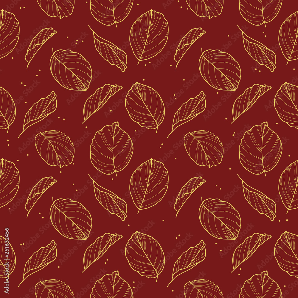 Elegant seamless pattern with drawn gold Calathea Prayer Plant leaves outlines in gold color on dark red background Elegant seamless pattern with drawn gold Calathea Prayer Plant leaves outlines in gold color on dark red background