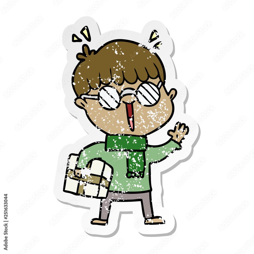 distressed sticker of a cartoon boy with parcel waving