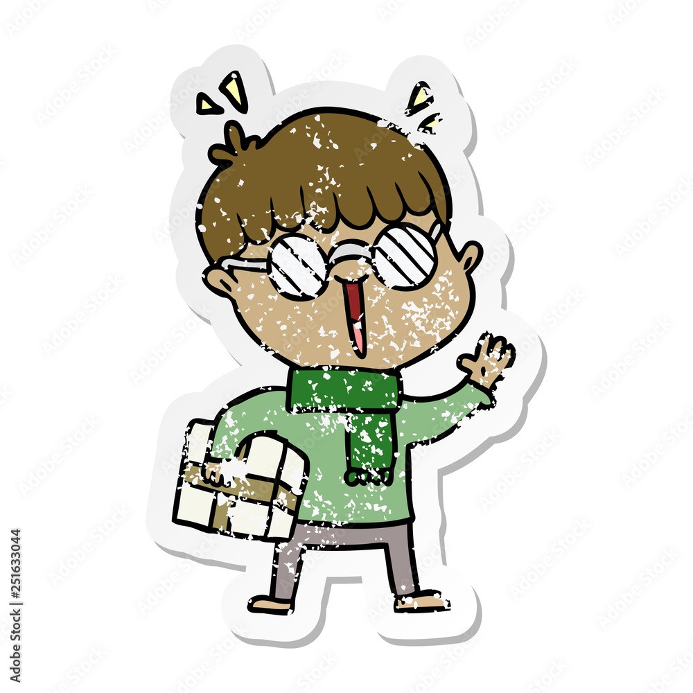 distressed sticker of a cartoon boy with parcel waving distressed sticker of a cartoon boy with parcel waving