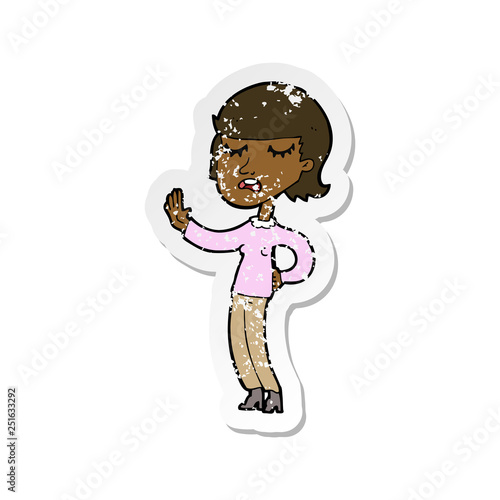 retro distressed sticker of a cartoon woman ignoring