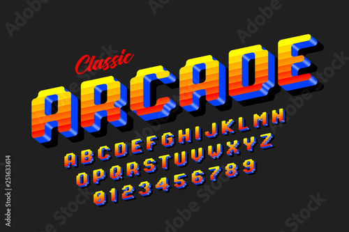 Fototapete Retro style arcade games font, 80s video game alphabet letters and numbers