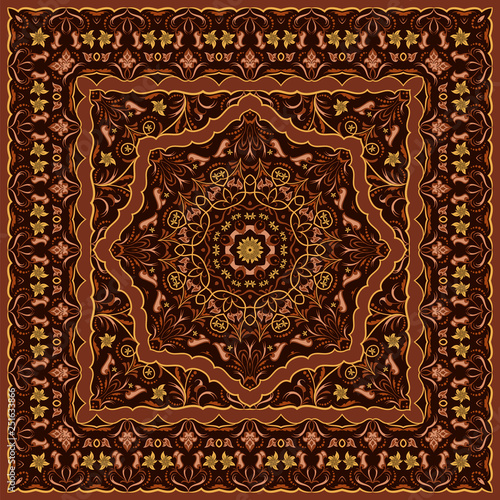 Vintage Arabic pattern. Persian colored carpet. Rich ornament for fabric design, handmade, interior decoration, textiles. Red background.