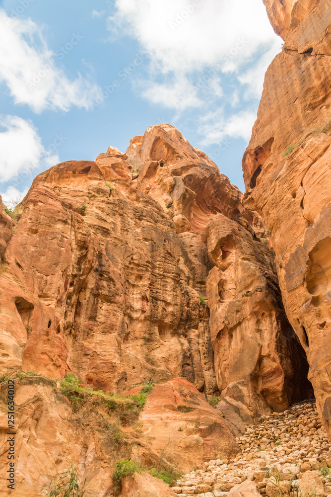 Fototapeta premium Amazing red rock in historical and archaeological Petra city called the Rose City. Petra is one of the New Seven Wonders of the World.