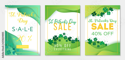 Collection of three sale banner templates to St Patricks Day. Paper cut style, green backgrounds