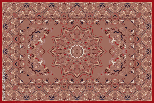 Vintage Arabic pattern. Persian colored carpet. Rich ornament for fabric design, handmade, interior decoration, textiles. Red background.