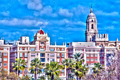 Malaga, Spain. View of the buildings of the Spanish city of Malaga. Architecture. Buildings on a warm sunny day. Tinted.