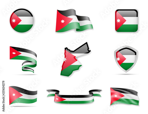 Jordan flags collection. Flags and outline of the country vector illustration set
