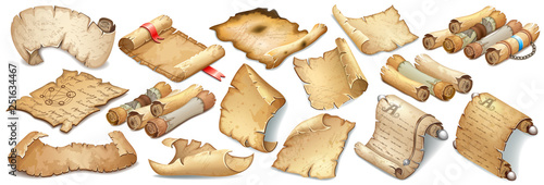 Set royal old parchments and scrolls decorated ribbon, silver elements  and leather beltn. Ancient paper for message. Isolated isometric 3d vector illustration for computer games and books design.