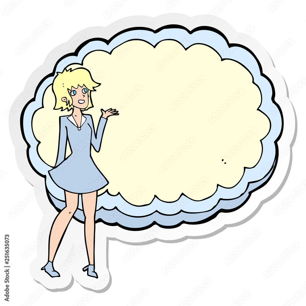sticker of a cartoon friendly woman with cloud text space sticker of a cartoon friendly woman with cloud text space