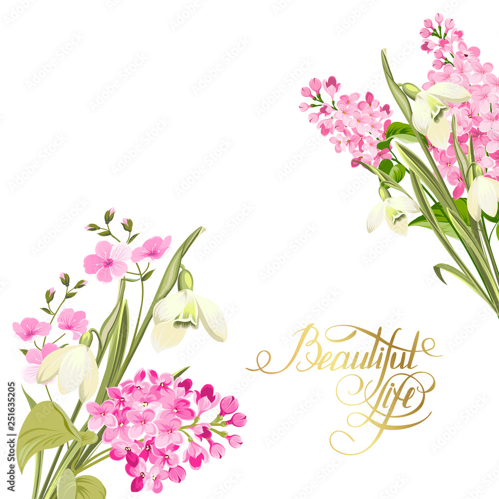 Spring time concept of card with blooming flowers isolated over white background. Vector illustration.