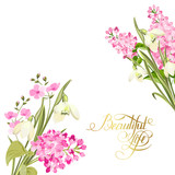 Spring time concept of card with blooming flowers isolated over white background. Vector illustration.