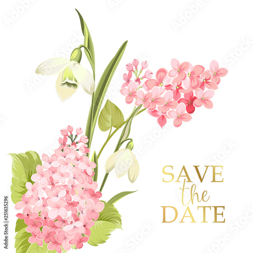 Save the date card with template sign and spring flower garland. Lilac and galantus bouquet for wedding card. Printable vintage marriage invitation with flowers over white. Vector illustration. photo