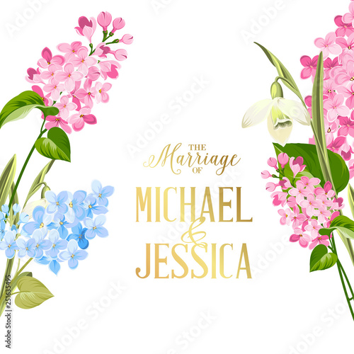 Marriage invitation card. Wedding invitation with spring flowers. Bridal shower invitation with white background. Marriage floral invitation for spring or summer ceremony. Vector illustration. photo