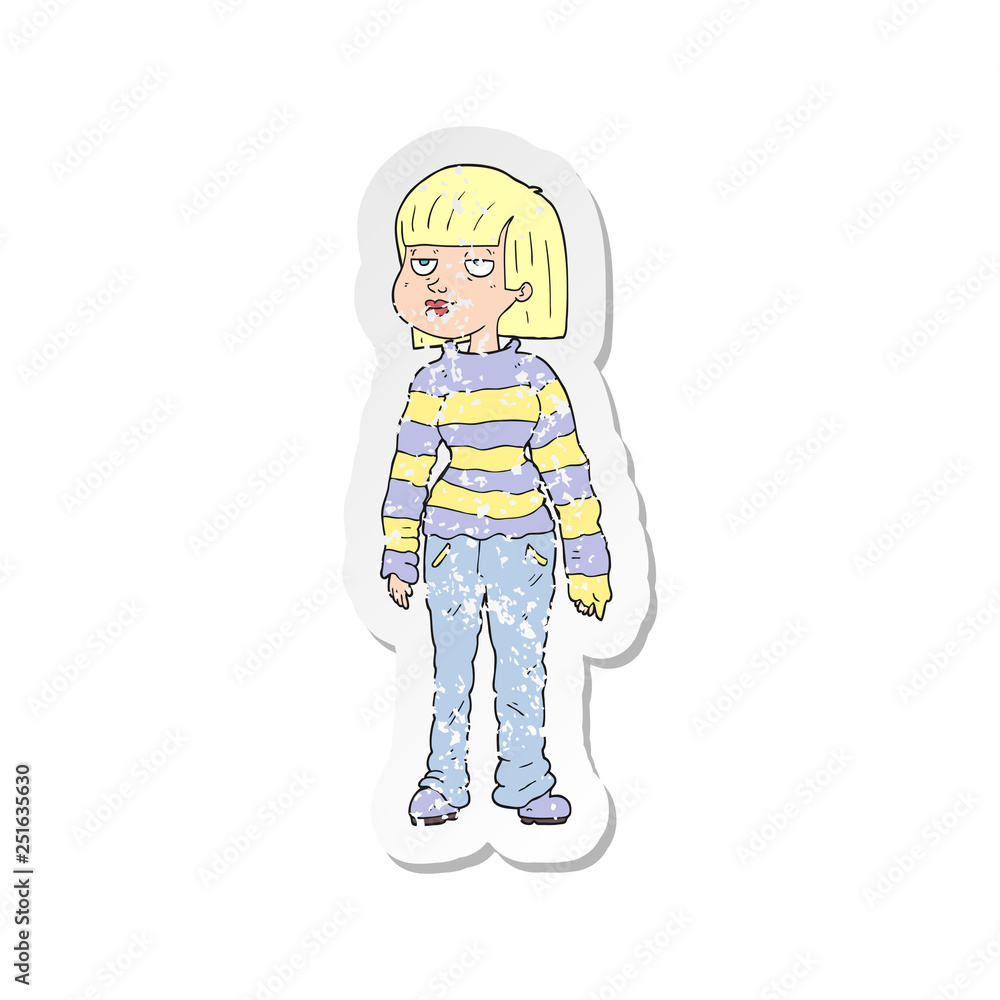 retro distressed sticker of a cartoon woman in casual clothes retro distressed sticker of a cartoon woman in casual clothes