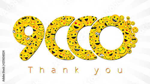 Thank you 9 000 followers logotype. Congratulating bright 9.000 networking thanks, net friends yellow symbol, 9000k sign with people faces. Isolated smiling numbers. Abstract graphic design template.