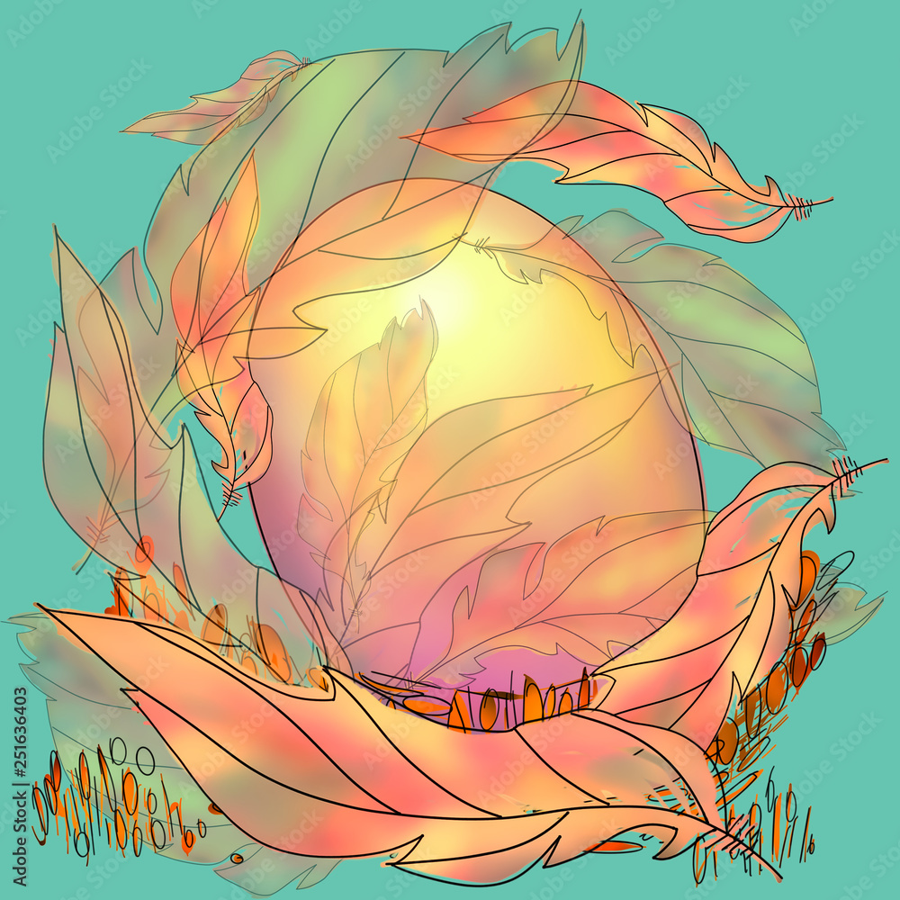 Fototapeta premium Colorful Easter egg and feathers in a nest on a green background. Greeting cards for Easter, print and poster. Holiday concept with egg in a bird nest decorations. Game of color.