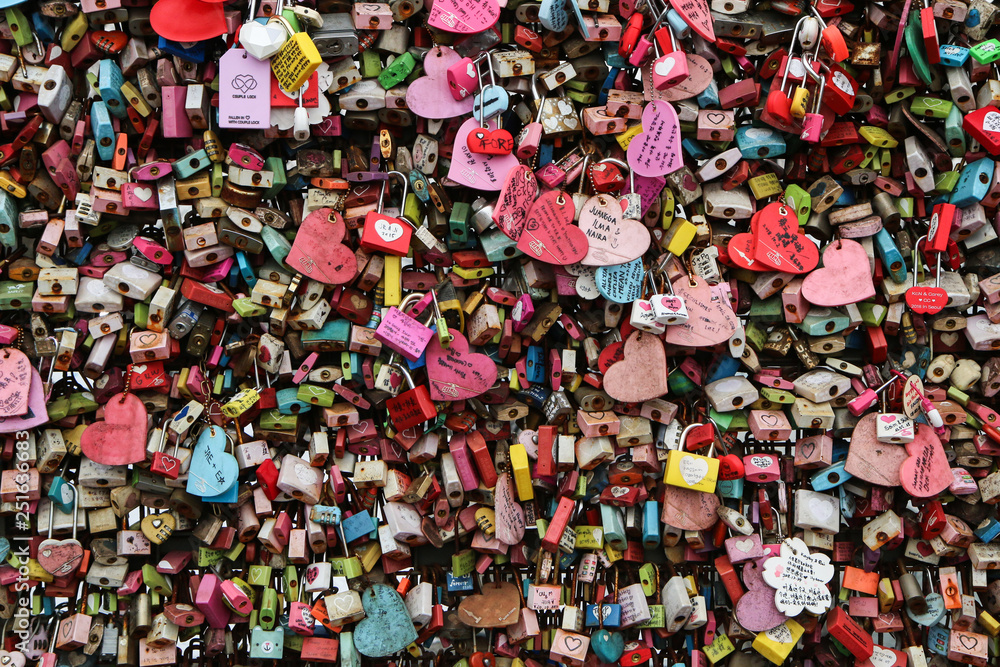A detail picture of the love locks hanging at the Namsan Tower in Seoul, Korea. 