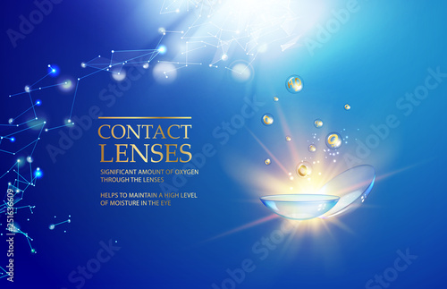 Best blue contact lenses for your eye health. Awesome medical illustration with vitamin drops over blue science background and text place at the top of image. Vector illustration.